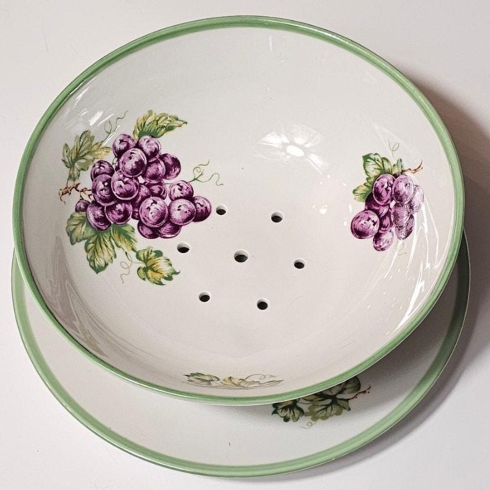 Vintage Porcelain Fruit Strainer/Colander Painted Grapes/Made in Czechoslovakia